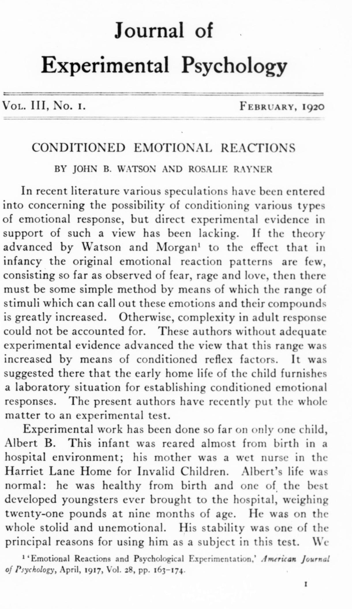 The first page of a journal article headed Journal of Experimental Psychology, Vol. III, No. 1, February 1920, Conditioned Emotional Reactions, by John B. Watson and Rosalie Rayner, with the opening two paragraphs of text
