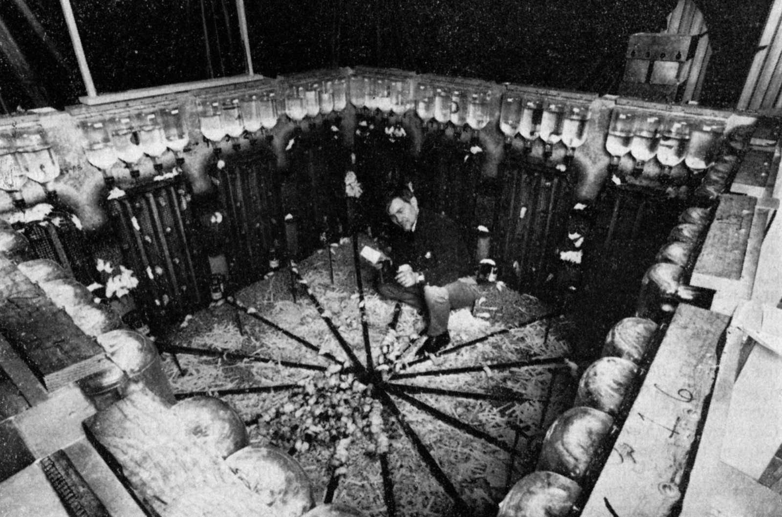 A photograph looking down into a square metal pen lined with wire tunnels and rows of water bottles, its floor strewn with paper, with John Calhoun crouching in the middle holding a mouse and a dense pale cluster of mice on the floor across from him