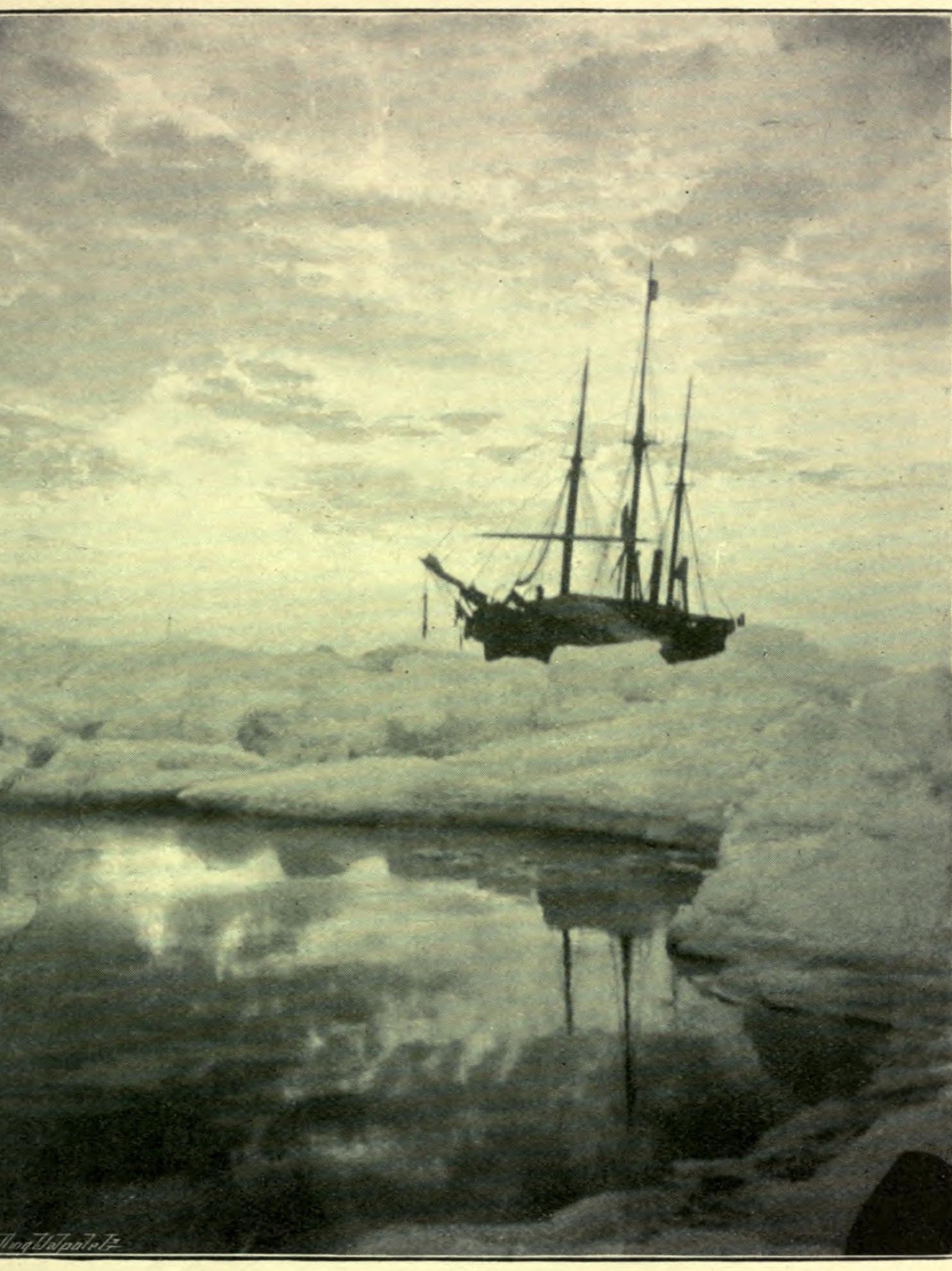 A three-masted ship sitting high on a field of ice under a pale evening sky, her hull and masts reflected in a pool of meltwater in the foreground