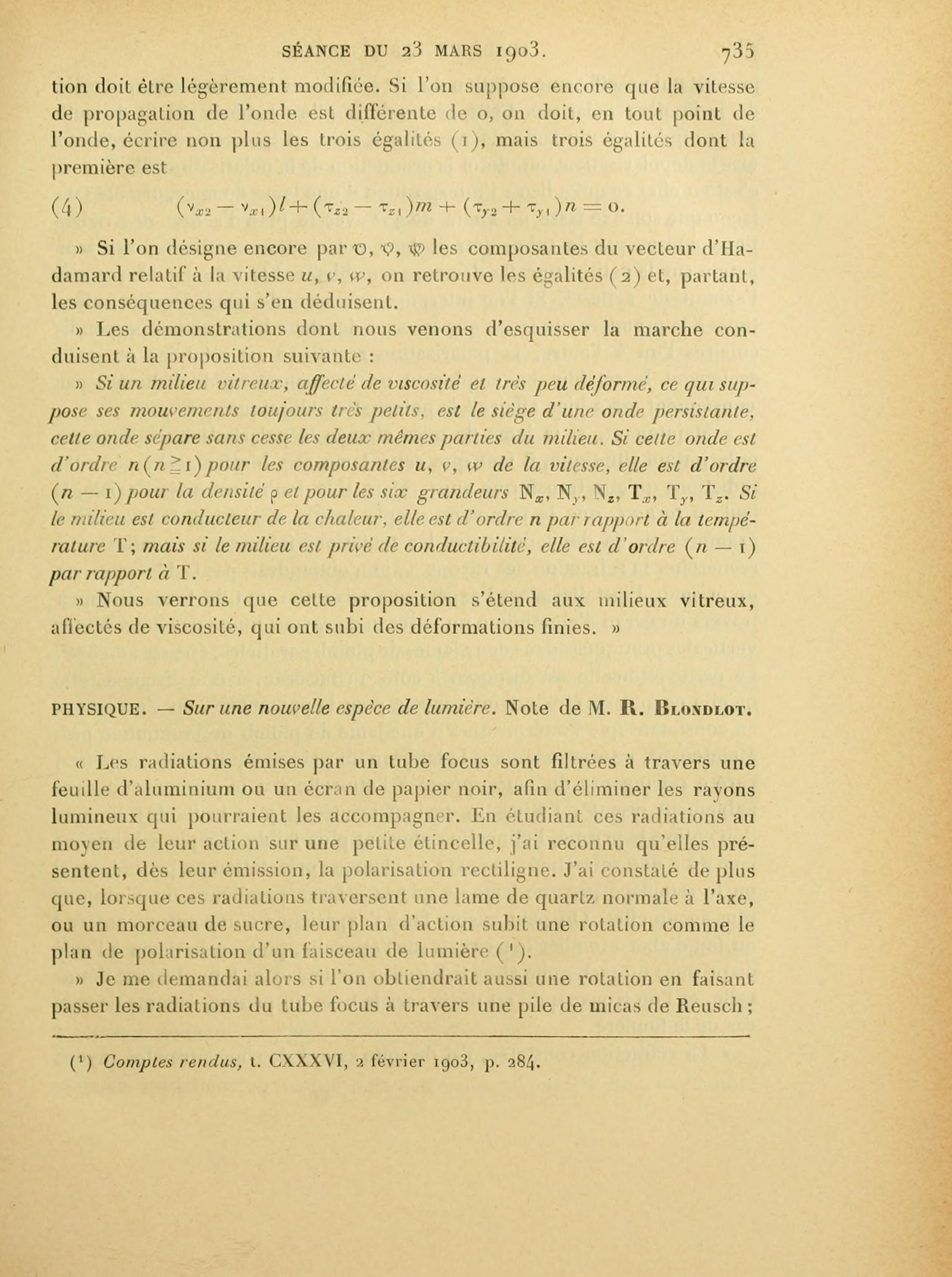 A printed page of the Comptes rendus headed Séance du 23 mars 1903, page 735, with a note beginning Physique, Sur une nouvelle espèce de lumière, Note de M. R. Blondlot