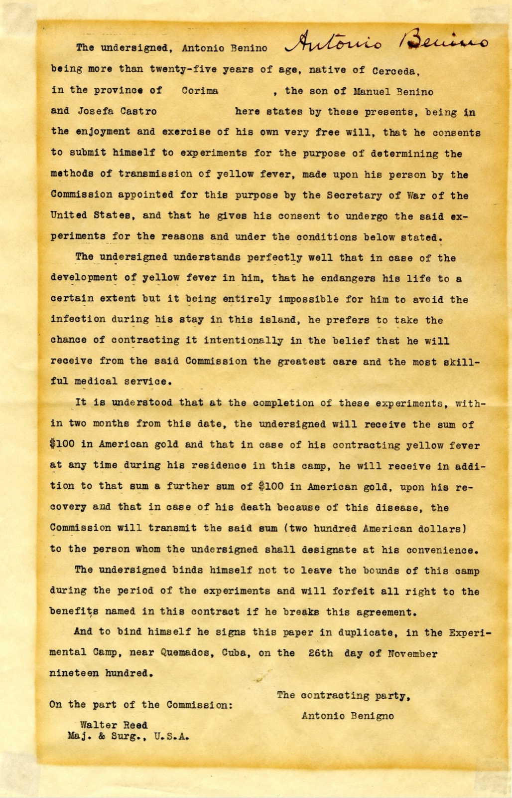A typed one-page contract on yellowed paper, headed with the name Antonio Benino and his signature, setting out his consent to the yellow fever experiments and the sums he is to receive, signed at the foot by Walter Reed for the Commission