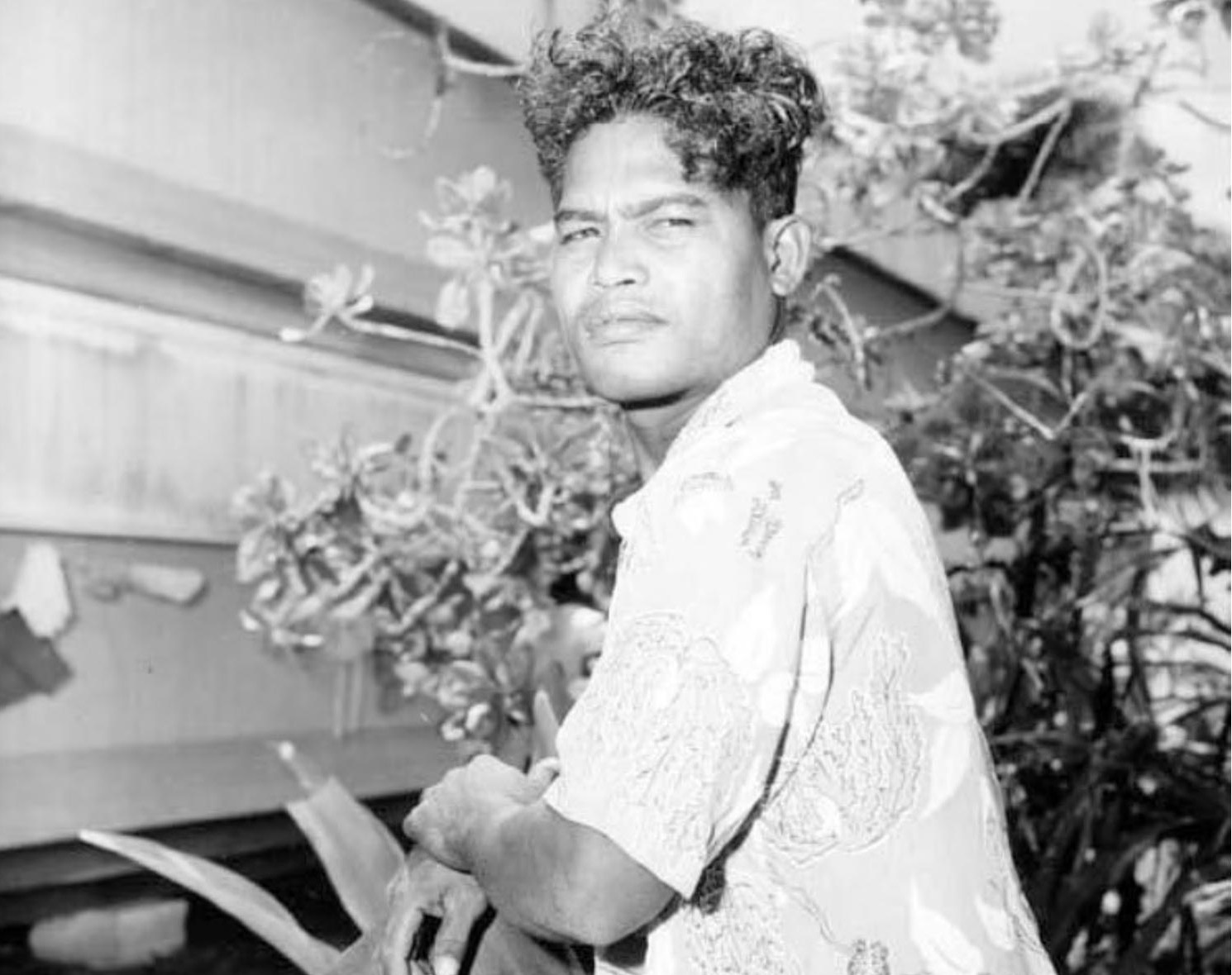 A young man in a patterned shirt looking over his shoulder at the camera beside a flowering bush, in a black and white photograph