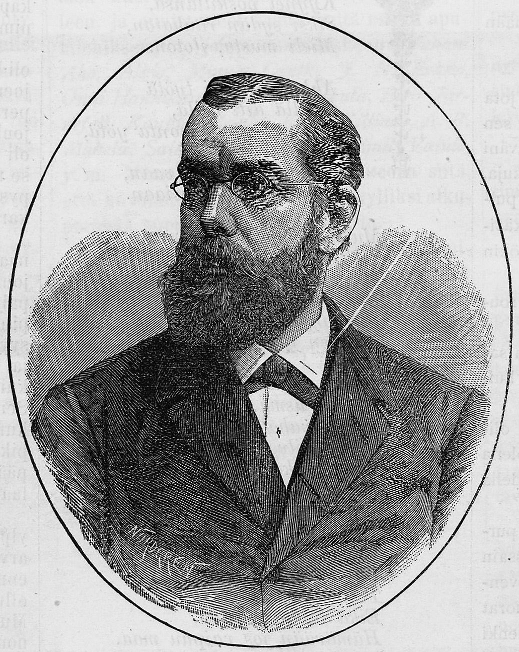 A portrait of Robert Koch in middle age, bearded, wearing spectacles and a dark coat, printed in a nineteenth-century illustrated magazine