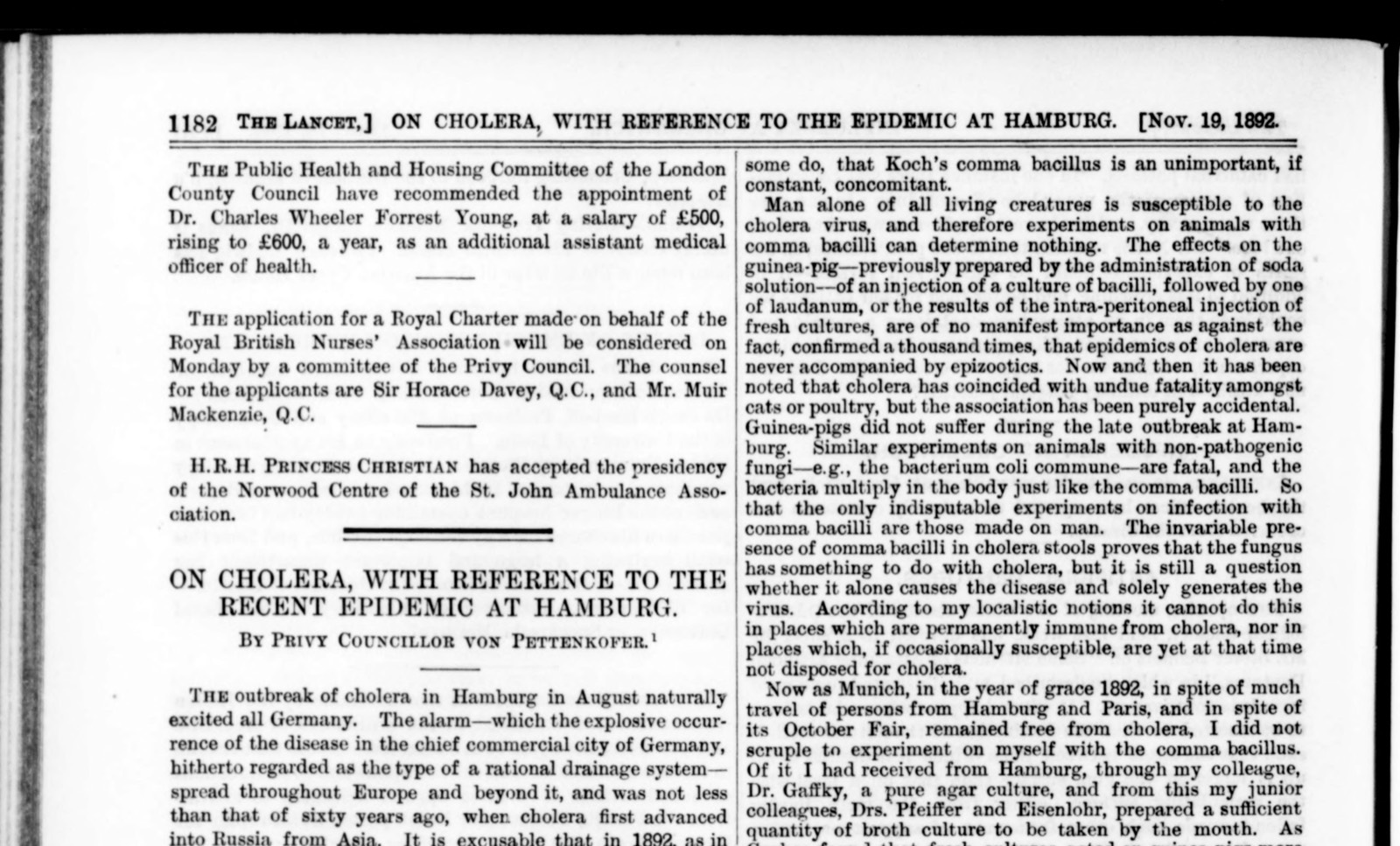 The top of a page of The Lancet for 19 November 1892, with the heading On Cholera, with Reference to the Recent Epidemic at Hamburg, by Privy Councillor von Pettenkofer, and a column of text beginning Now as Munich, in the year of grace 1892