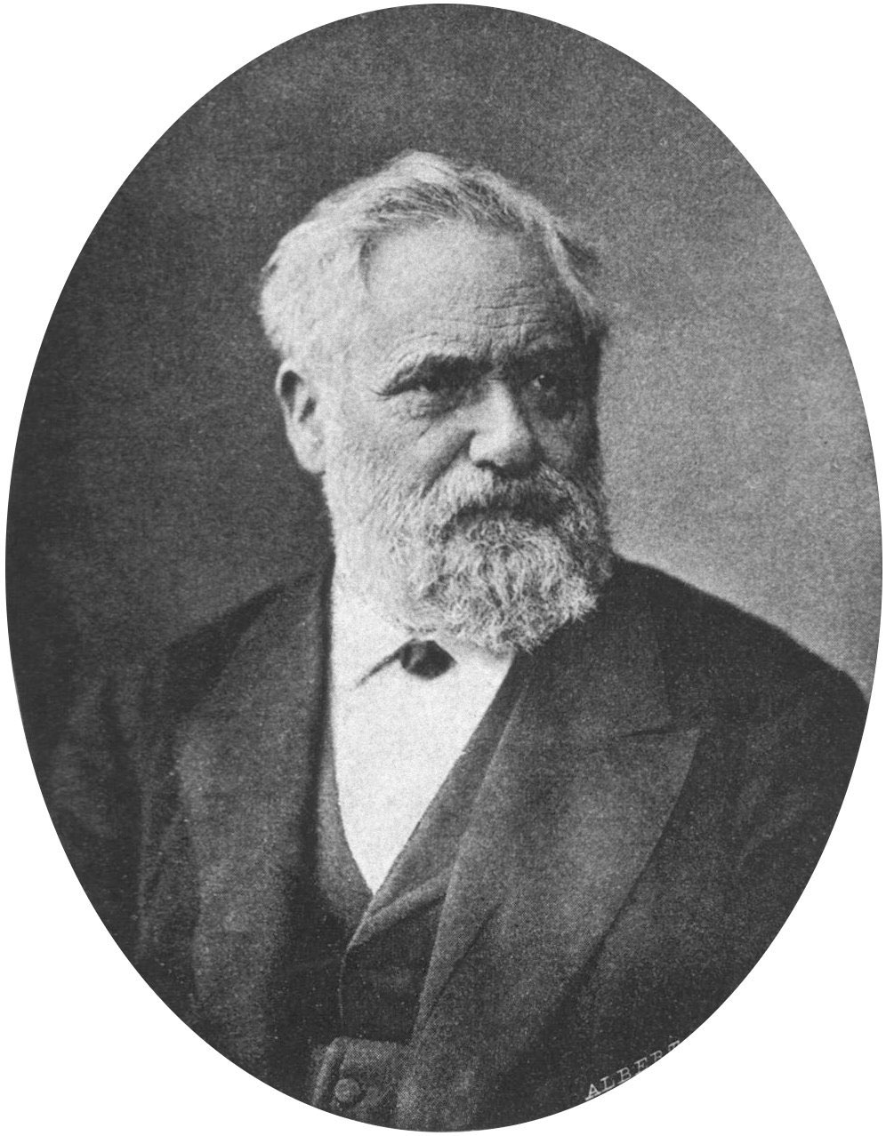A photographic portrait of Max von Pettenkofer as an old man, bearded, in a dark coat and high collar, looking slightly away from the camera