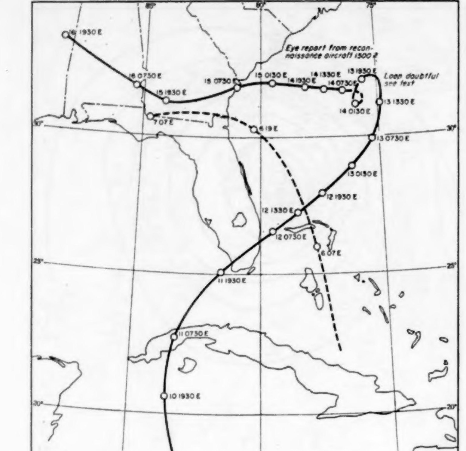 A map of Florida, Cuba and the Georgia coast with the hurricane's track of 12 to 16 October 1947 drawn as a solid line with a small loop off the Carolinas, and the track of the storm of 5 to 7 October as a dashed line