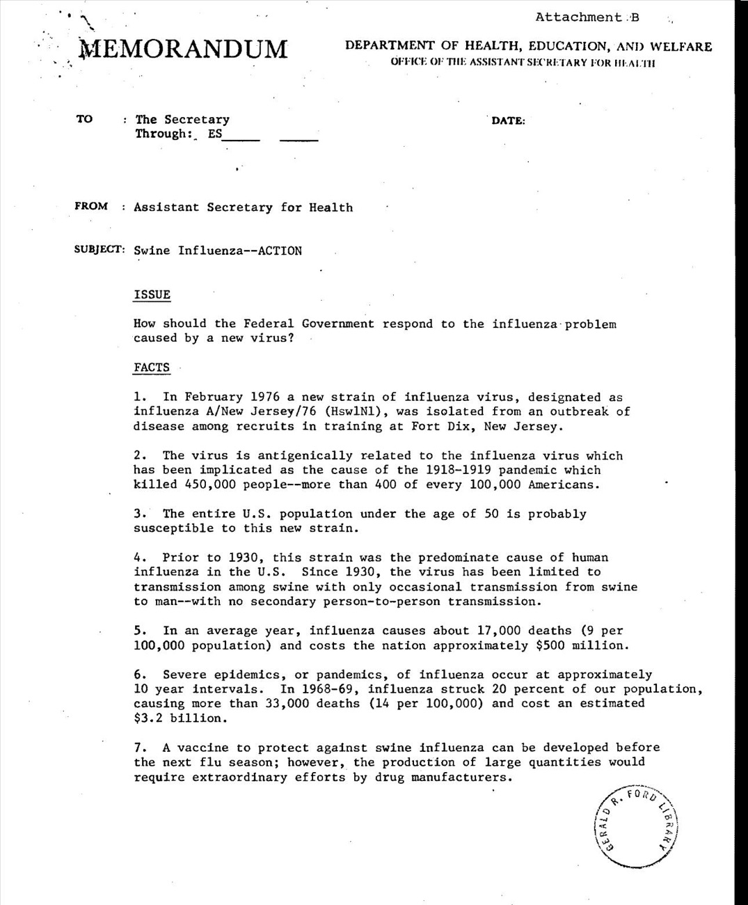 The first typed page of a Department of Health, Education, and Welfare memorandum headed Swine Influenza, ACTION, with the Issue and the first seven numbered Facts