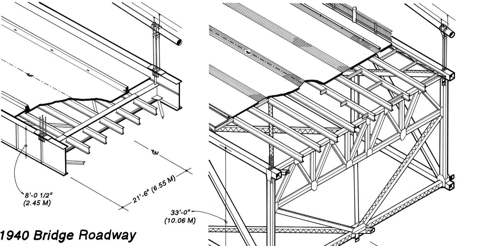 Two cutaway drawings of bridge decks side by side: on the left a shallow deck with a solid plate girder eight feet deep, on the right a deep open truss thirty-three feet deep with diagonal members and a grated opening in the roadway