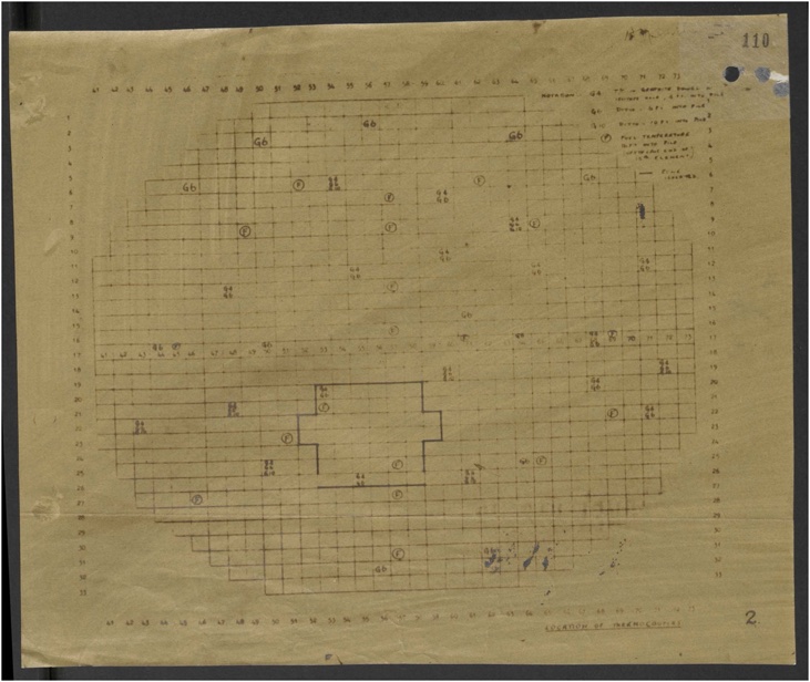 A faint pencil drawing on tracing paper of a grid of numbered rows and columns, with circled letters marking thermocouple positions and a heavy stepped outline just below the centre