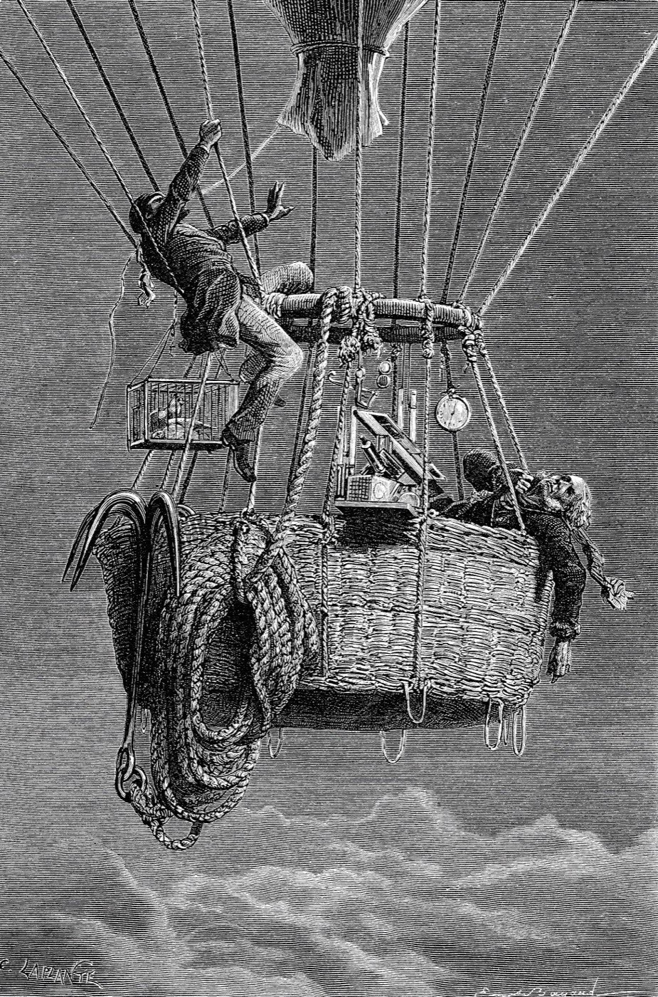 A wood engraving of a balloon car in the sky: one man hangs in the rigging above the hoop with a line in his hand, the other lies collapsed over the edge of the wicker car beside a board of instruments, a pigeon basket hanging from the ropes