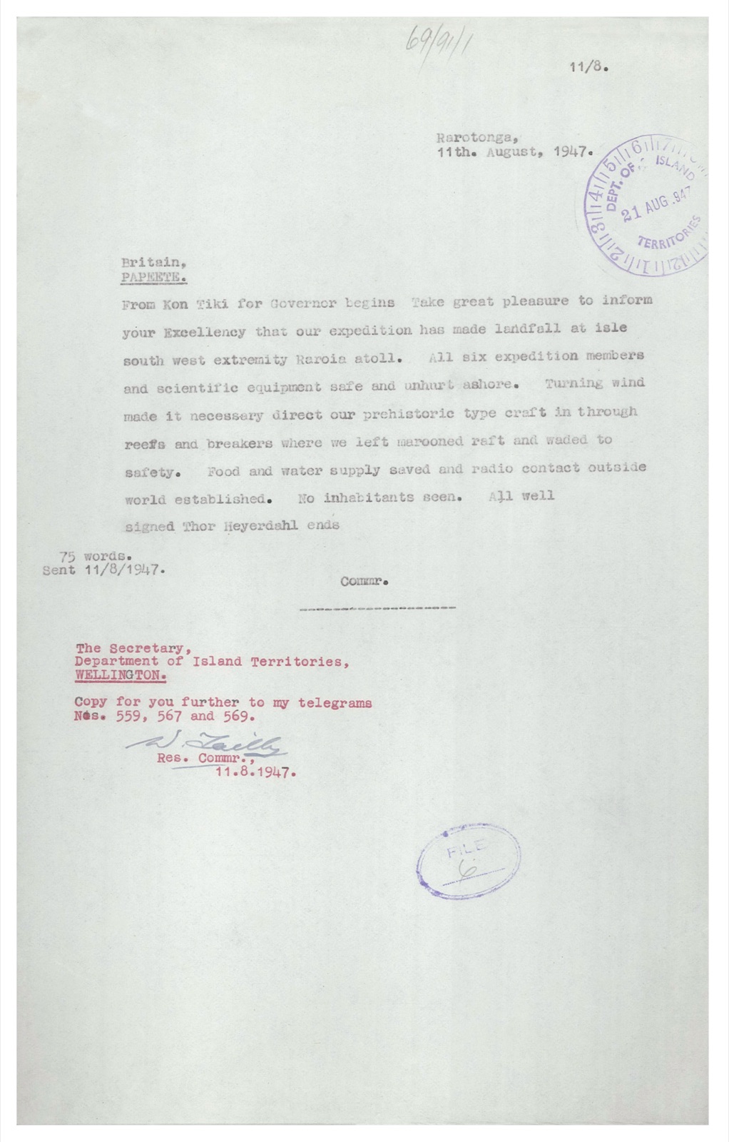 A typed telegram form headed Rarotonga, 11th August 1947, relaying a message from Kon Tiki for the Governor at Papeete, with a purple date stamp and a note in red that it was sent, 75 words