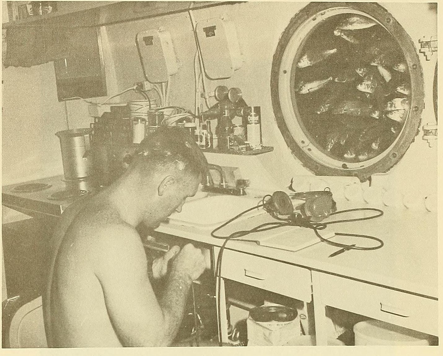 A bare-chested man with electrodes on his scalp bends over a workbench inside a steel habitat, a headset beside him, while fish crowd a round viewport behind