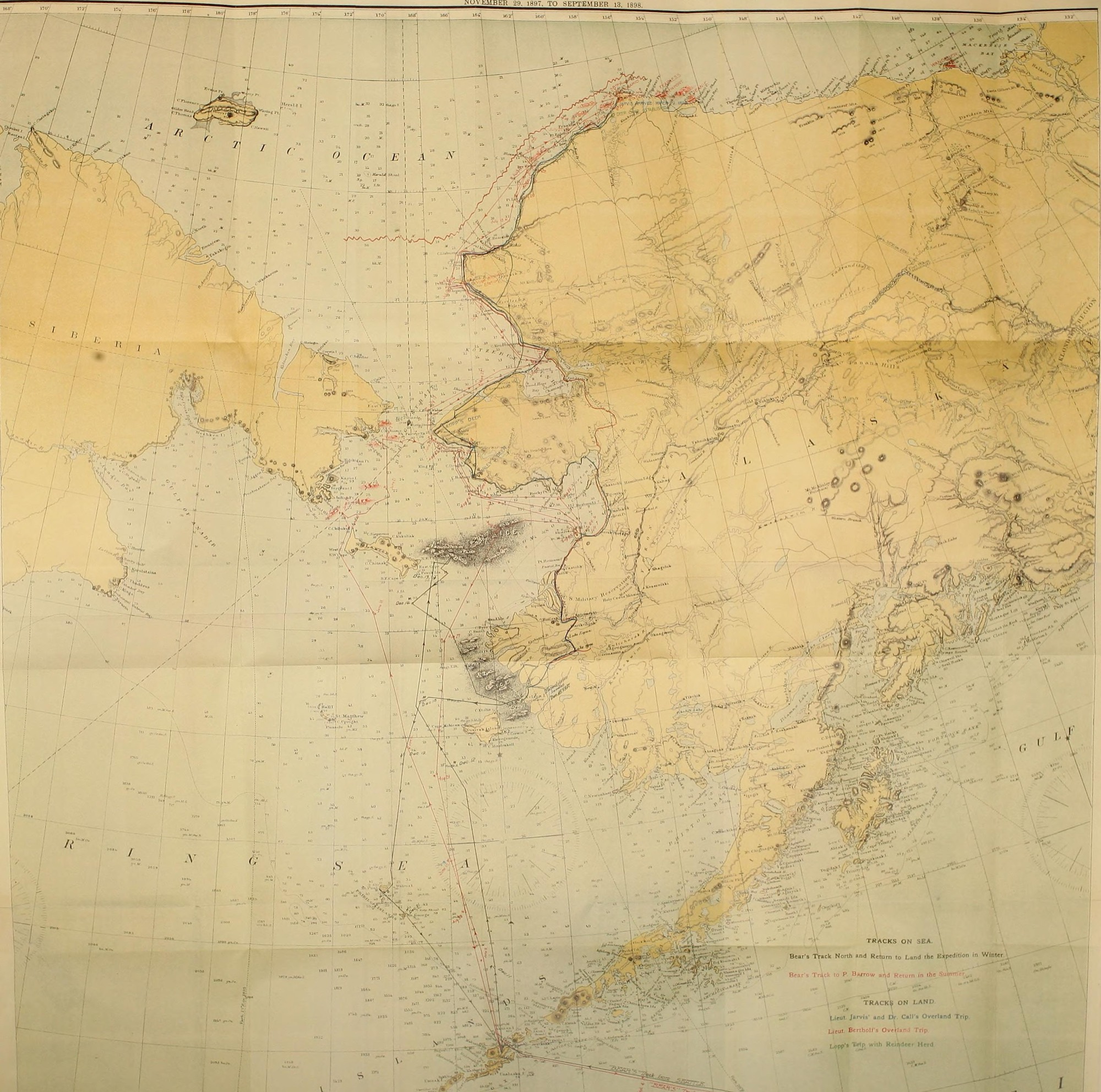 The 1899 report's chart of Alaska and the Bering Sea with the expedition's tracks at sea and on land