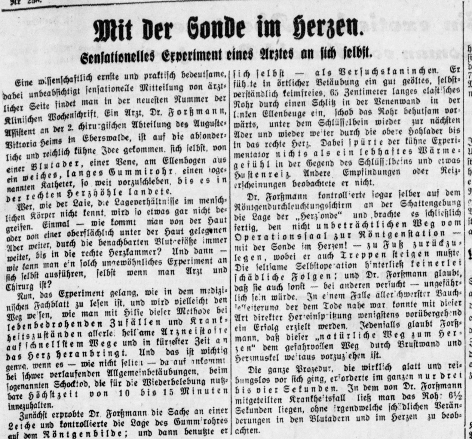 Two columns of a German newspaper in Gothic type headed Mit der Sonde im Herzen, Sensationelles Experiment eines Arztes an sich selbst