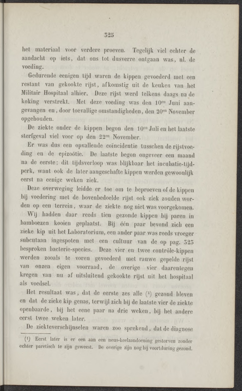 Page 325 of a Dutch medical journal of 1890, in which the laboratory's report records that the chickens had been fed cooked rice from the kitchen of the Military Hospital from 10 June to 20 November, that the disease began on 10 July and that the last death was on 22 November