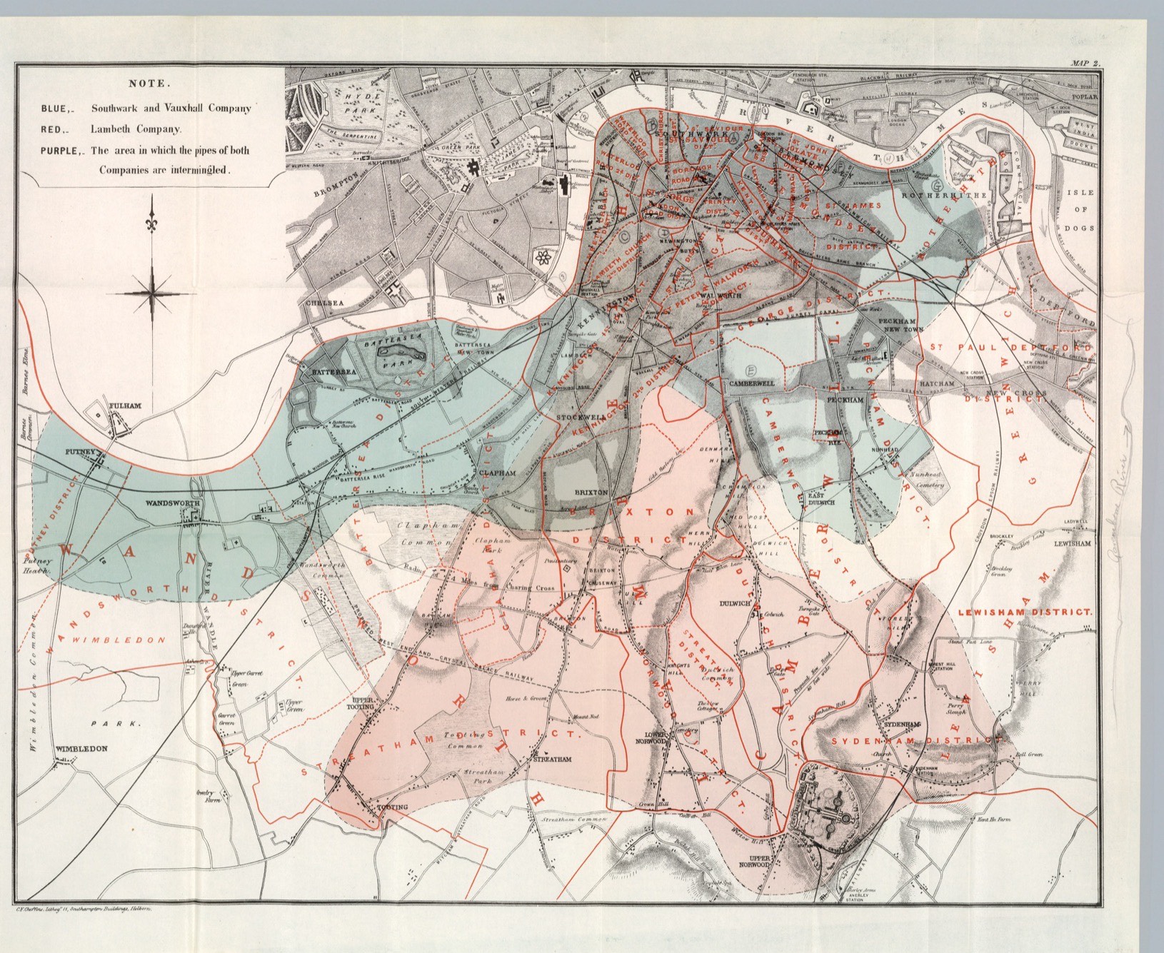 A coloured map of south London in 1855 with the Southwark and Vauxhall Company's area shaded blue, the Lambeth Company's shaded red, and the area where both companies' pipes ran down the same streets shaded purple