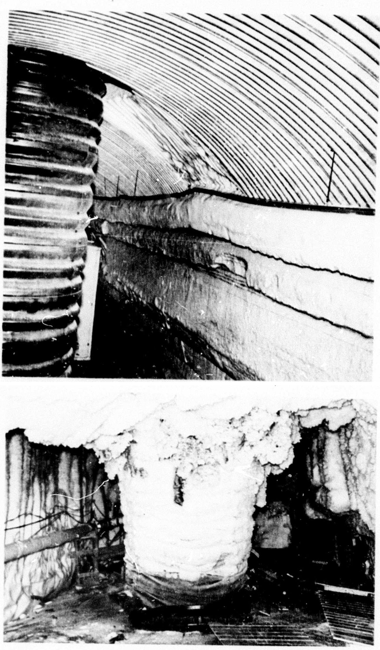 Two photographs one above the other: the first shows a corrugated steel escape tower standing beside a clean snow trench under a corrugated arch in 1960; the second shows the same tower in 1969 crushed into a crumpled white column with the snow walls bulging in around it