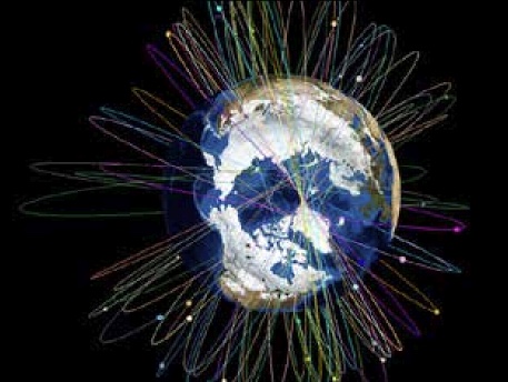 A computer graphic of the Earth seen from above the North Pole, wrapped in dozens of coloured elliptical orbits