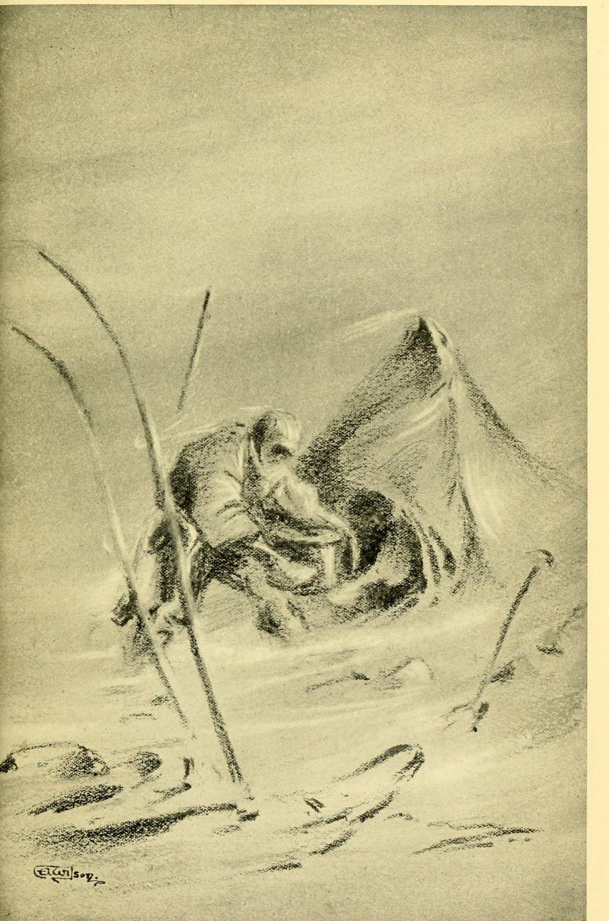 A charcoal sketch of a hooded man crouched in driving snow beside a half-buried tent, passing a cooker in through the door, with bamboo poles leaning in the wind