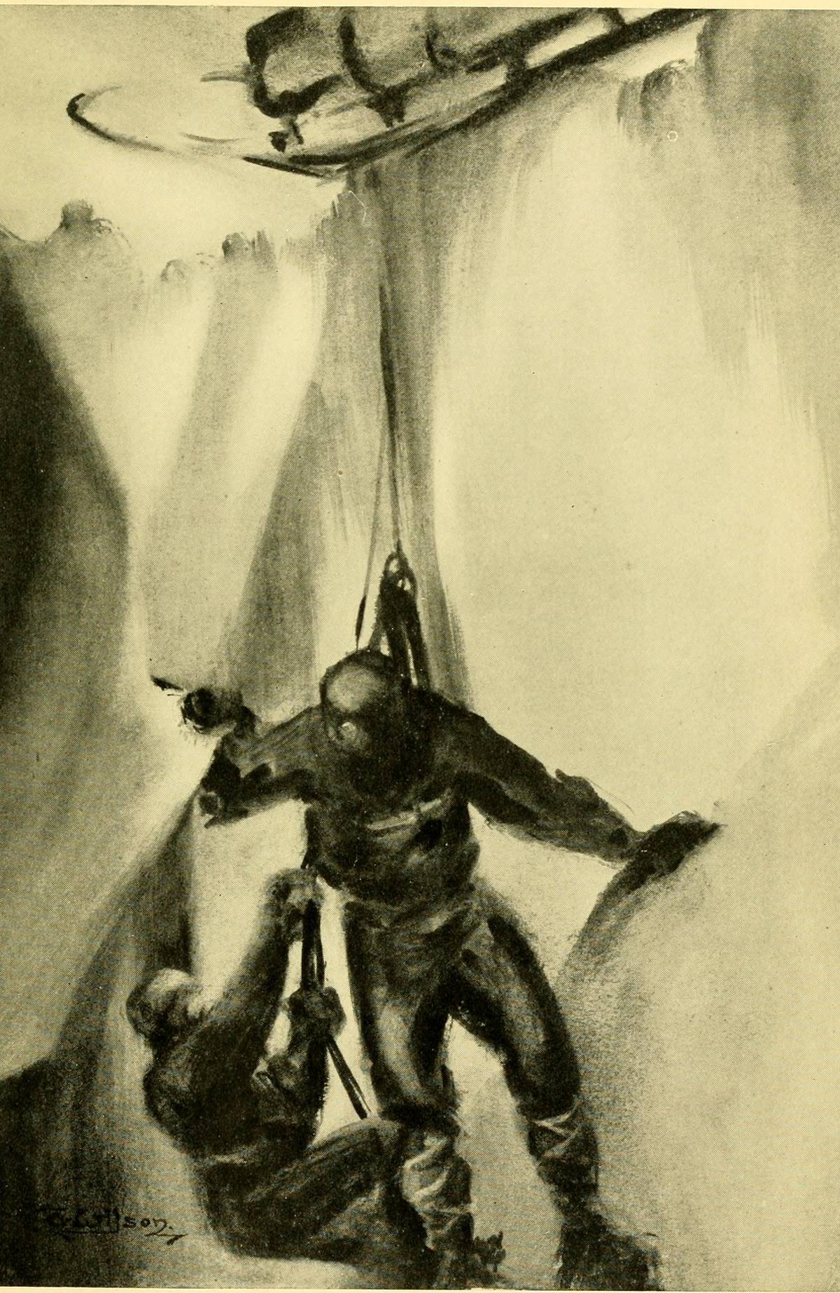 A charcoal sketch looking down into a crevasse: a man hangs in his harness from a rope that runs up to a sledge bridging the gap, while a second man below reaches for a loop at his feet