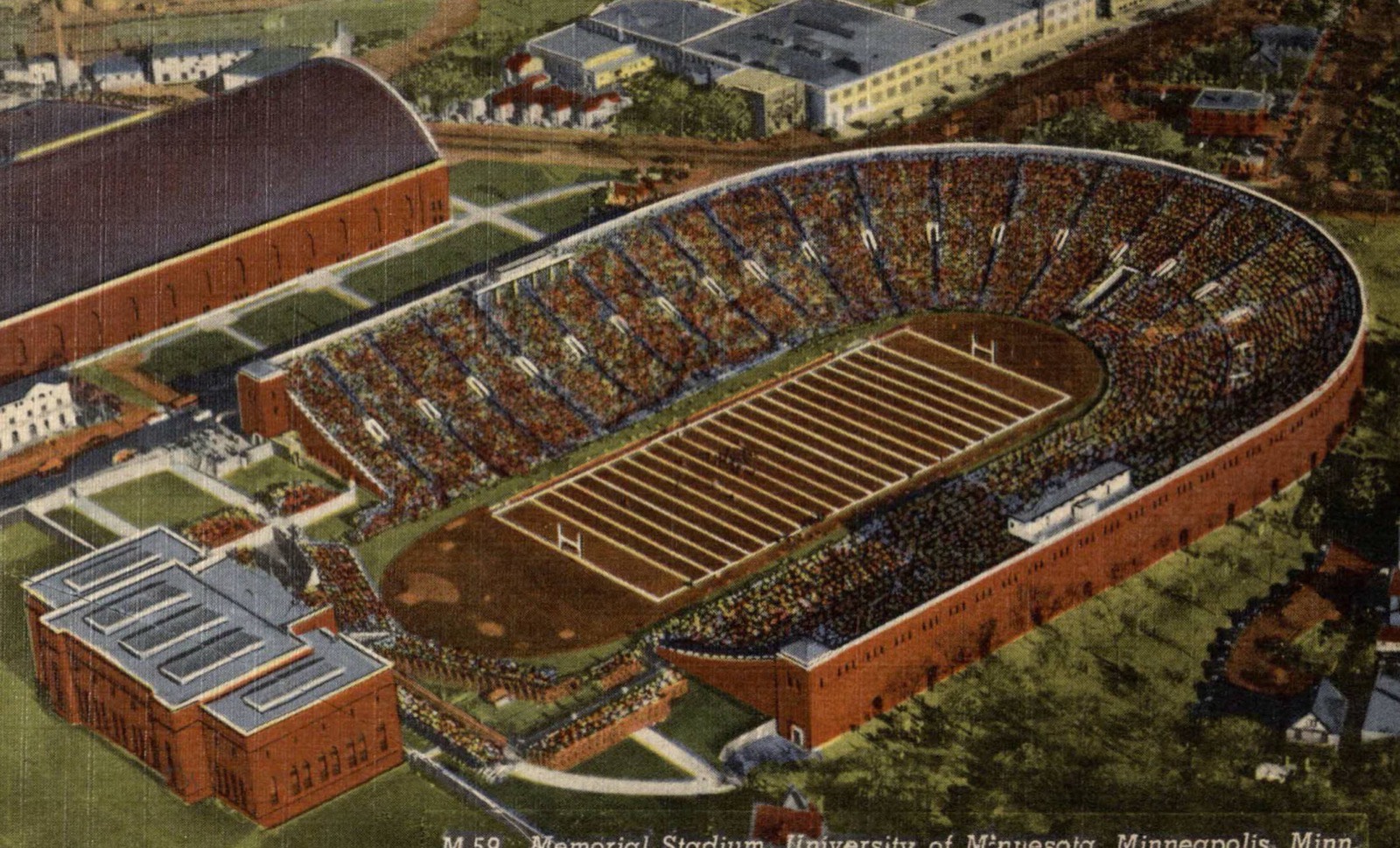 A coloured aerial postcard view of Memorial Stadium, Minneapolis, a brick horseshoe full of spectators, with the field house beside it