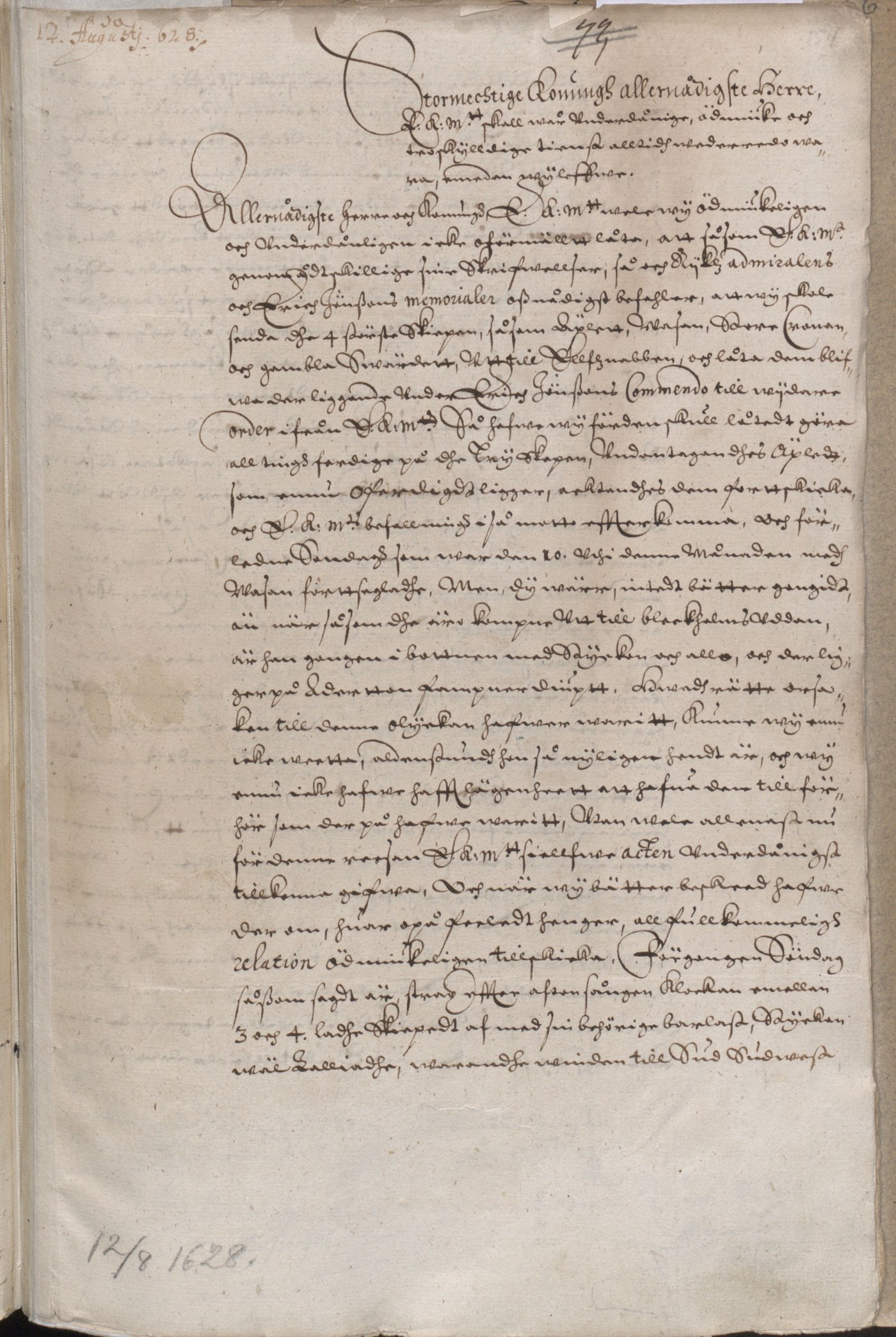The first page of a handwritten letter in seventeenth-century Swedish script, dated 12 August 1628 at the top, with a formal salutation to the king and closely written lines below