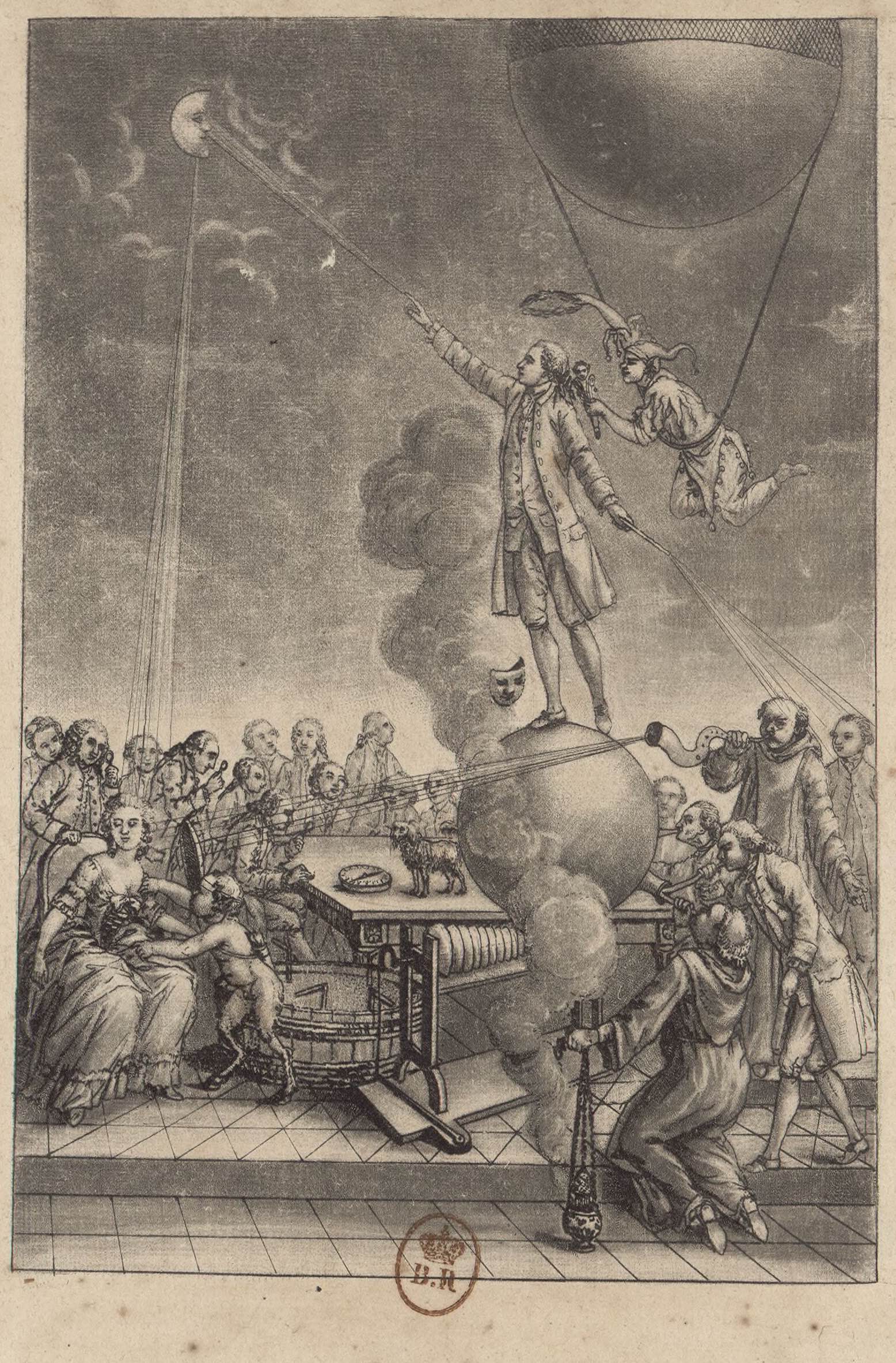 A satirical engraving: a man in a coat stands on a globe pointing up at the moon, a balloon hangs in the sky above him with a harlequin figure flying from it, and below him a crowd of men peer through eyeglasses at a woman being attended beside a wooden tub