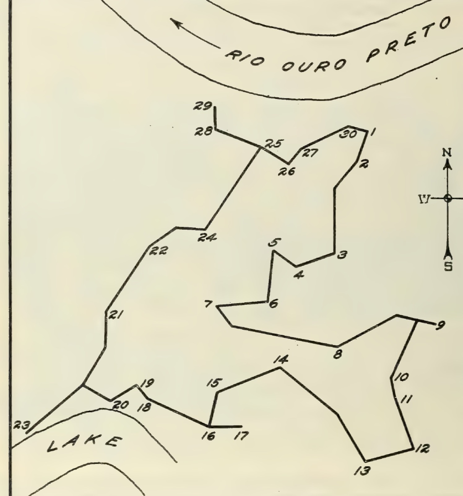 A hand-drawn map of a rubber-tapper's path winding between thirty numbered wild trees beside the Rio Ouro Preto and a lake