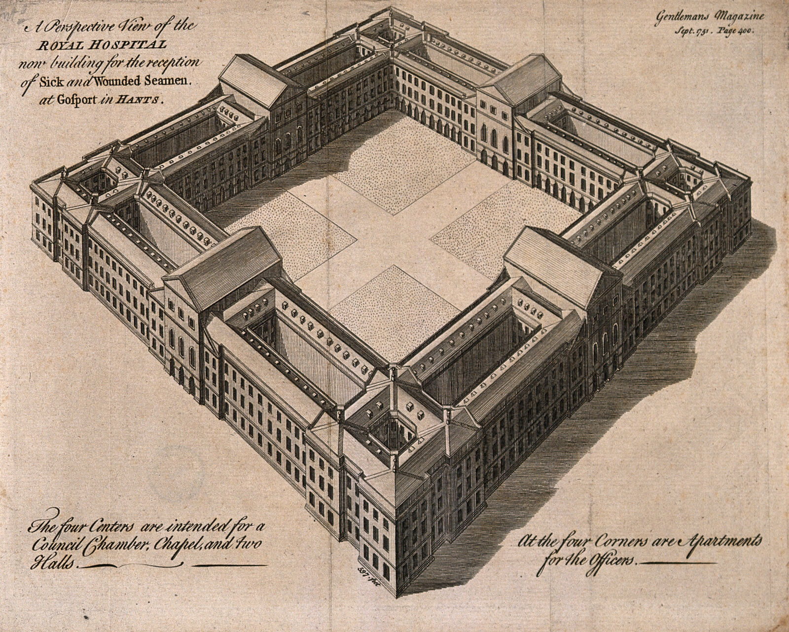 An engraved bird's-eye view of a vast three-sided brick hospital around a courtyard, with handwritten-style lettering describing it as the Royal Hospital now building at Gosport