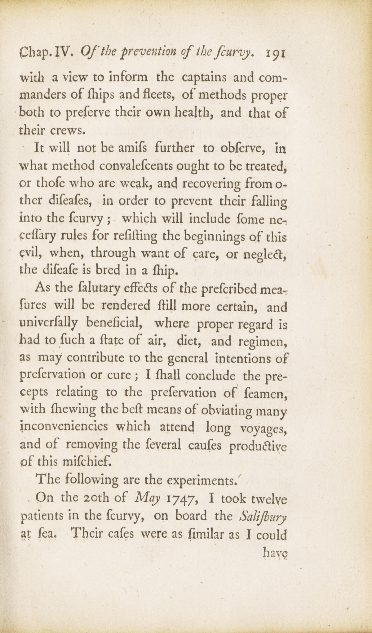 Page 191 of the 1753 Treatise, headed Of the prevention of the scurvy, ending with the lines On the 20th of May 1747, I took twelve patients in the scurvy, on board the Salisbury at sea